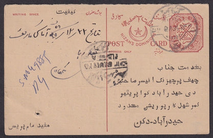 India Hyderabad State 1937 6p brown postal card used HG #21