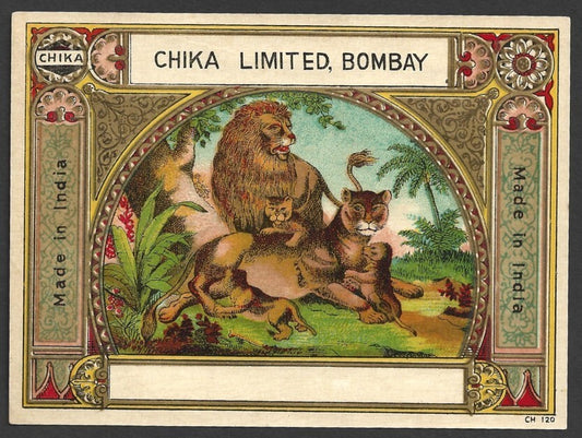 India 1930s-40s vintage textile dye label Chika, Bombay - LION'S FAMILY