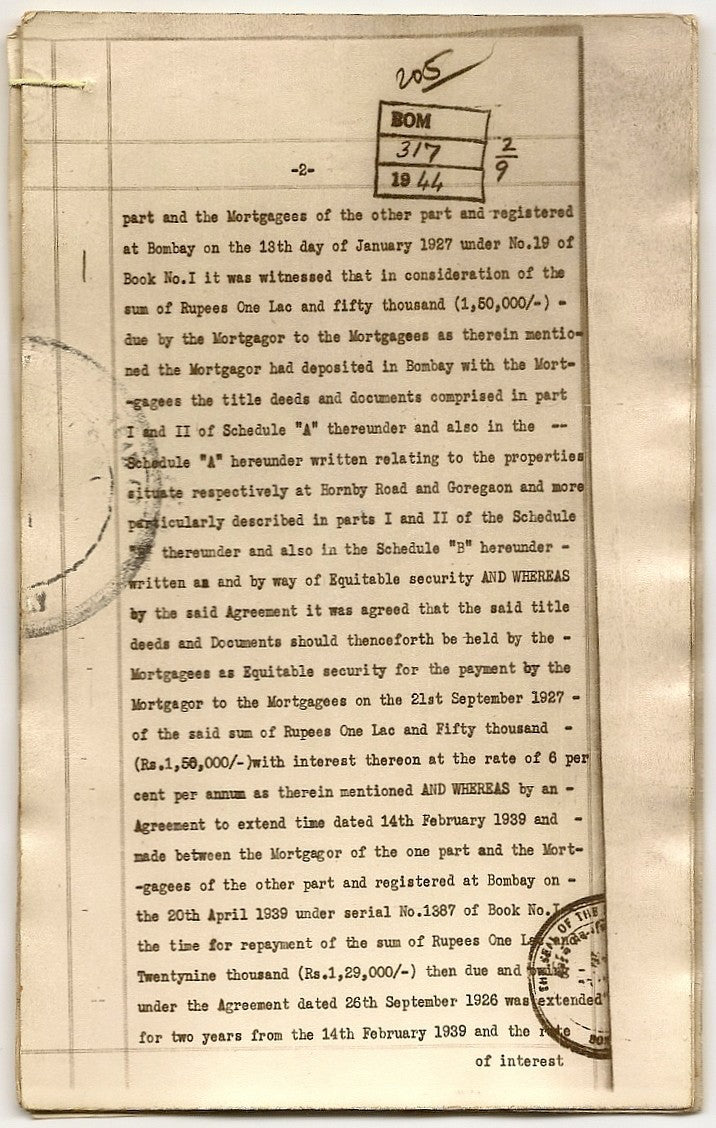 India 1944 photo doc Shaporji P Mistry mortgage DN Rd property to Naoraji Wadia