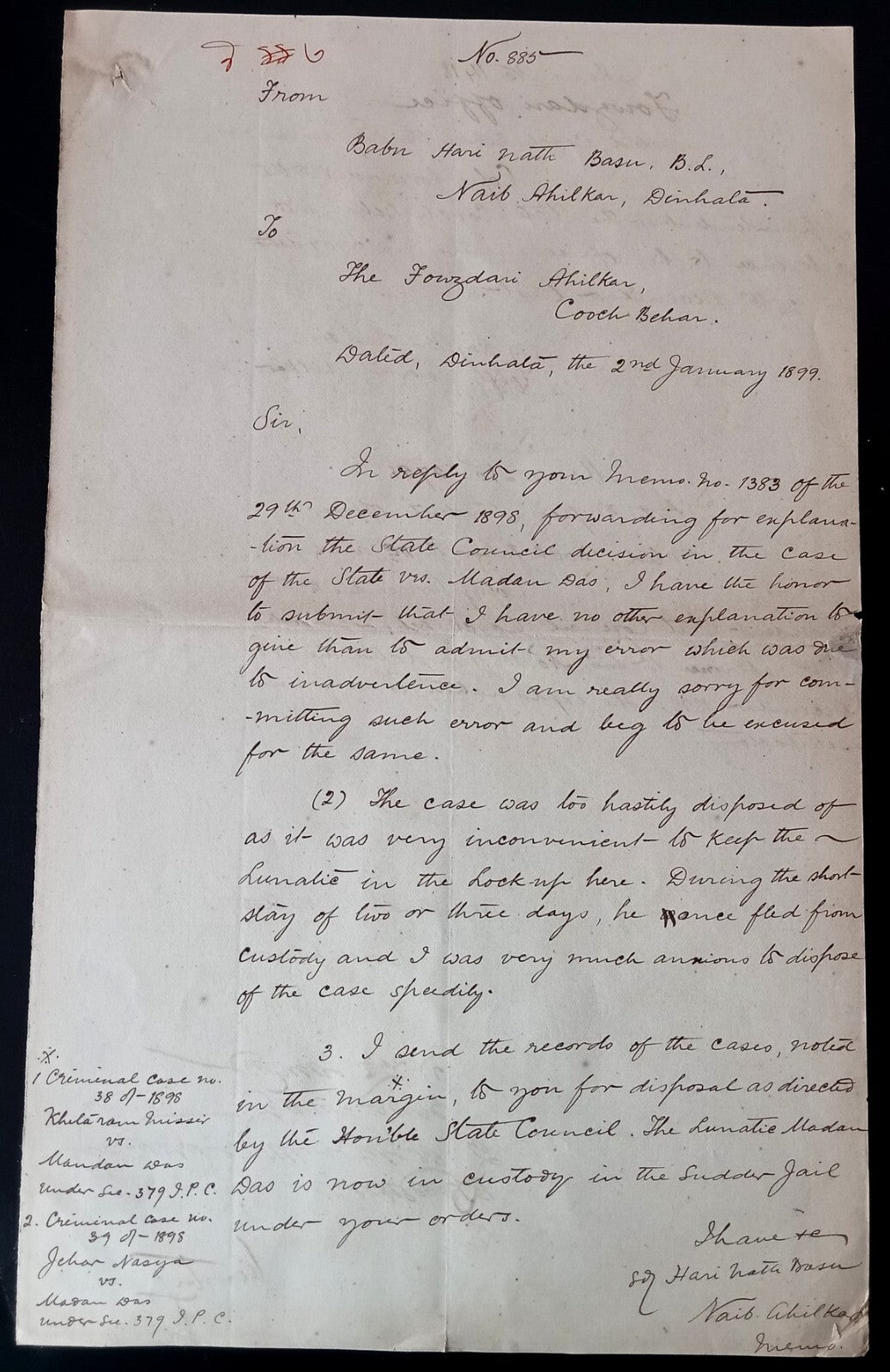 India COOCH BEHAR 1898 document zaz