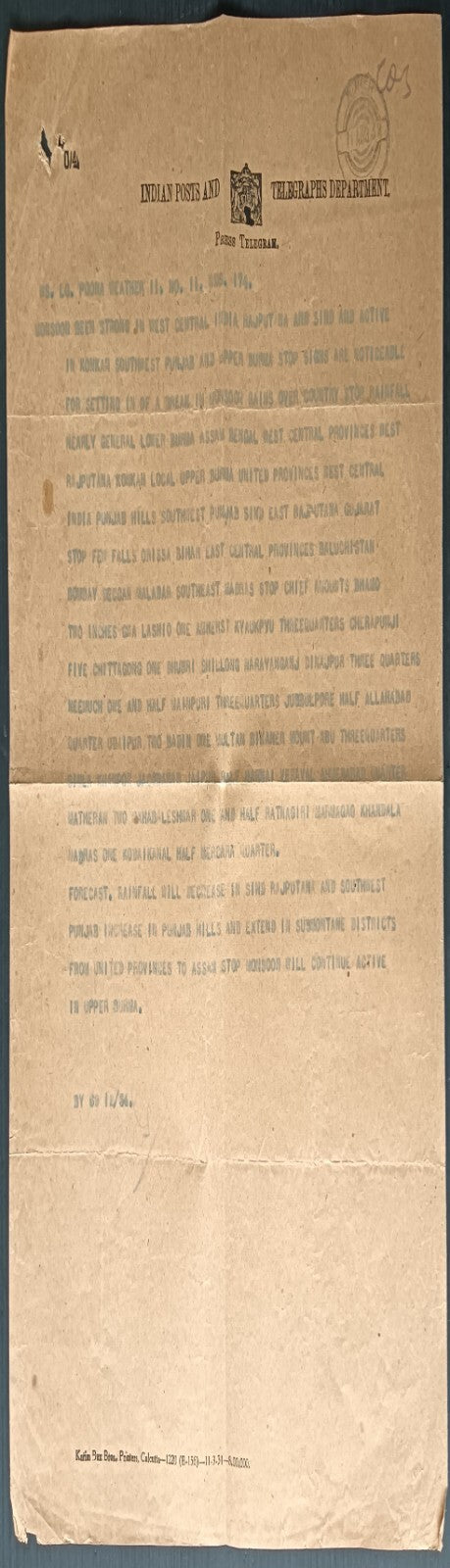 India 1932 PRESS TELEGRAM with Weather Report