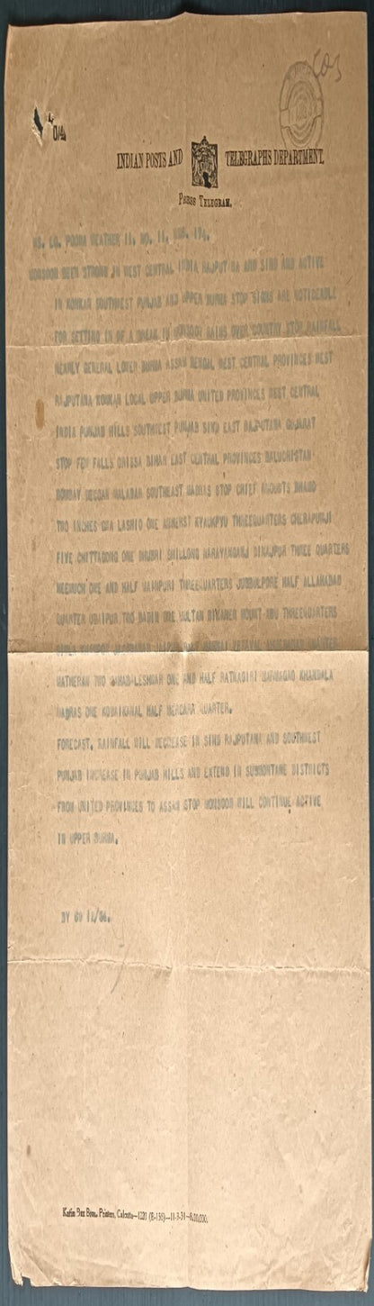 India 1932 PRESS TELEGRAM with Weather Report