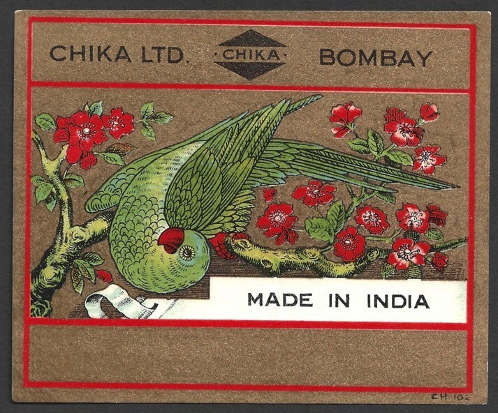 India 1930s-40s vintage textile dye label Chika, Bombay - INDIAN PARROT