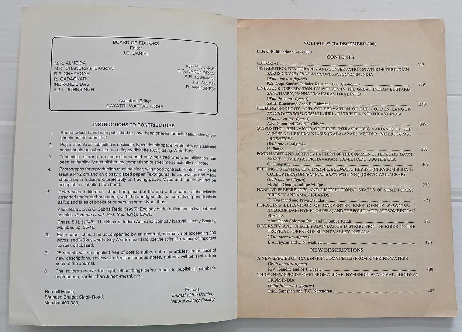 AOP India JOURNAL OF THE BOMBAY NATURAL HISTORY SOCIETY Dec 2000