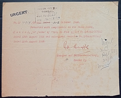 (AOP) India 1926 Official correspondence about FORGED CURRENCY