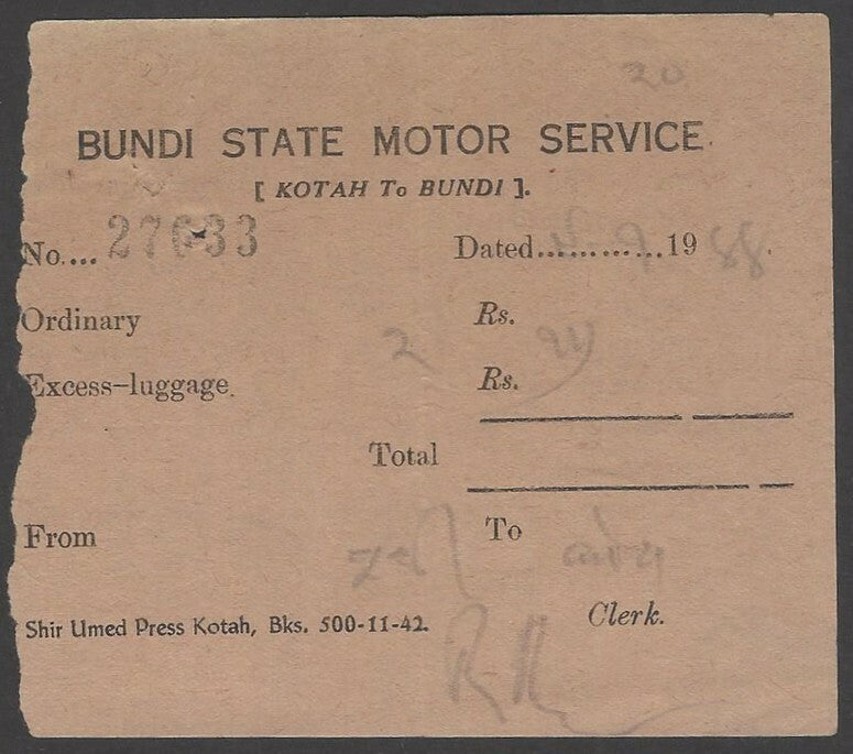 India 1942 BUNDI STATE MOTOR SERVICE 1942 ticket Kotah to Bundi