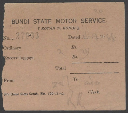 India 1942 BUNDI STATE MOTOR SERVICE 1942 ticket Kotah to Bundi