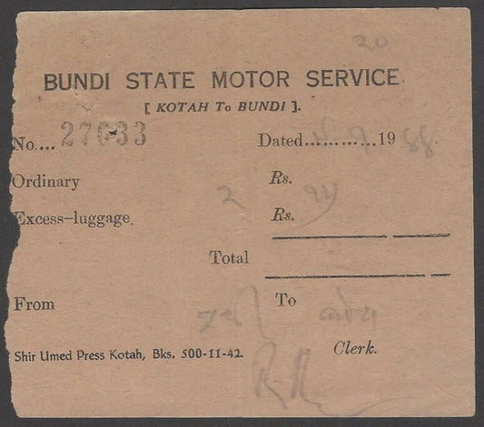 India 1942 BUNDI STATE MOTOR SERVICE 1942 ticket Kotah to Bundi