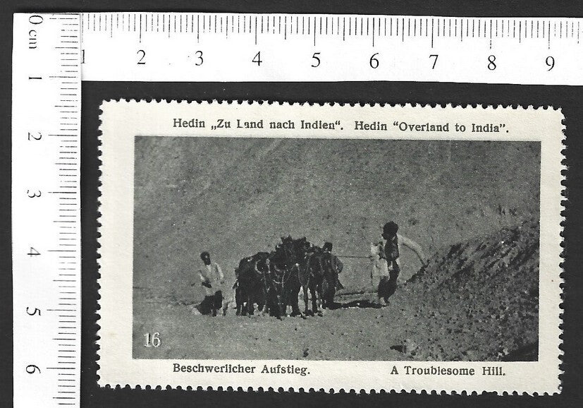 Vintage OVERLAND TO INDIA poster stamp - A TROUBLESOME HILL