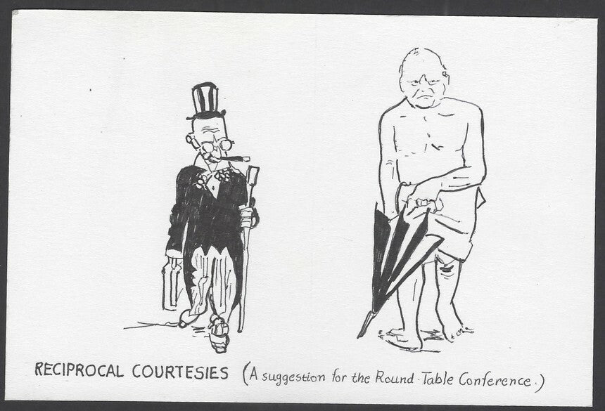 India Gandhi hand drawn postcard ROUND TABLE CONFERENCE SUGGESTION