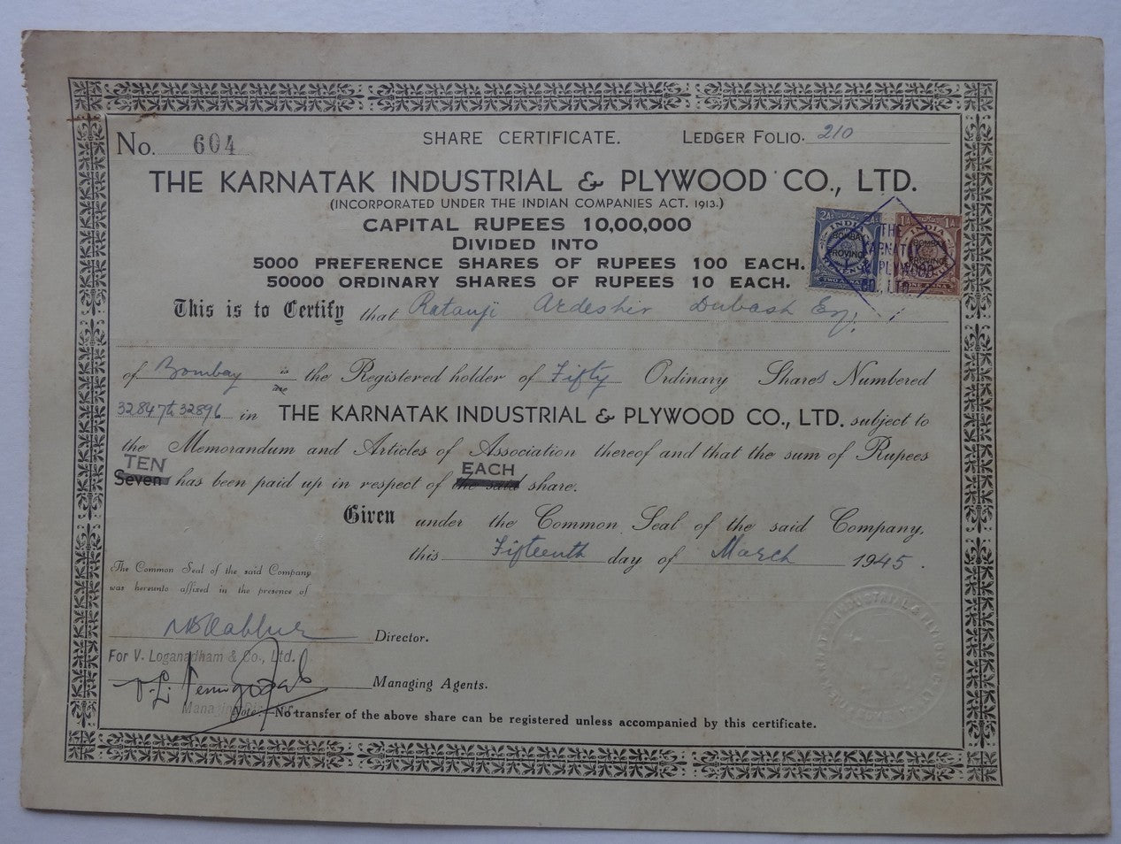 India KARNATAK INDUSTRIAL & PLYWOOD CO LTD. 1945 share certificate
