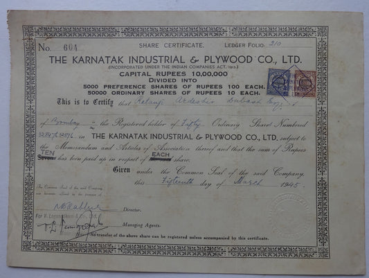 India KARNATAK INDUSTRIAL & PLYWOOD CO LTD. 1945 share certificate