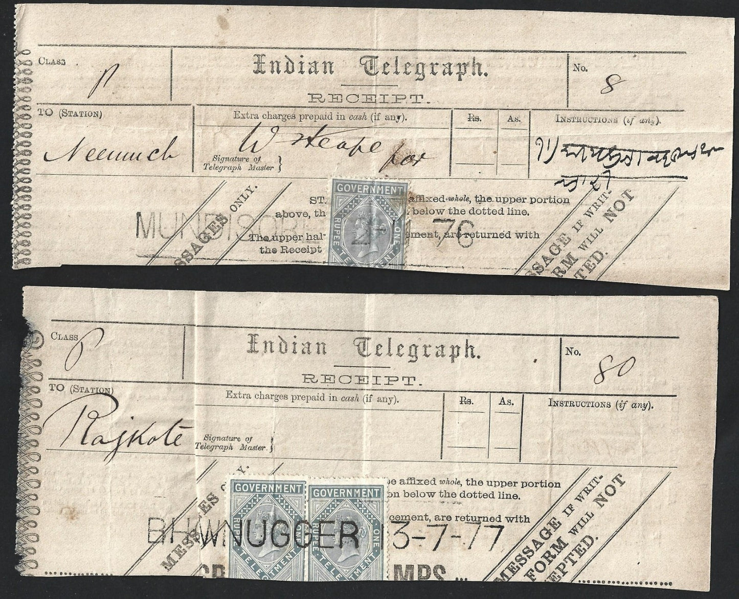 India 1876-1906 collection of telegraph receipts used from 12 different towns