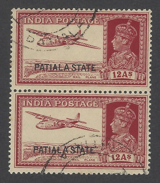 AOP India Patiala State KGVI 1937-39 12a Mail Plane used pair. SG 91 £240