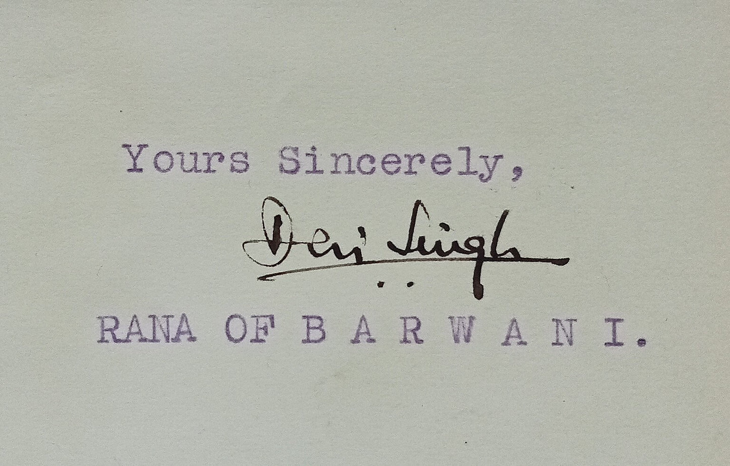 BARWANI STATE India 1943 crested Secret letter signed Raja Devi Singh
