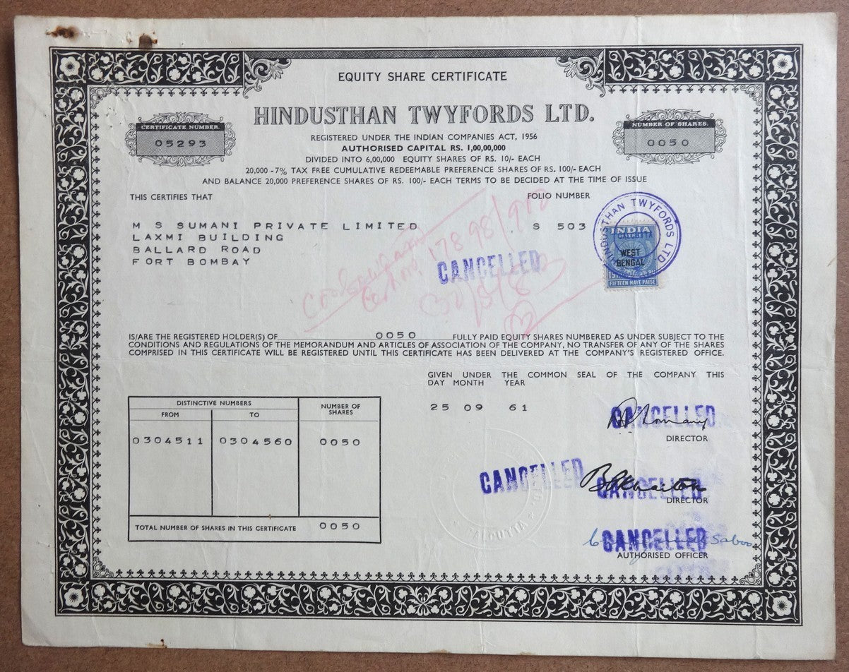 India 1961 HINDUSTAN TWYFORDS LTD. share cerificate