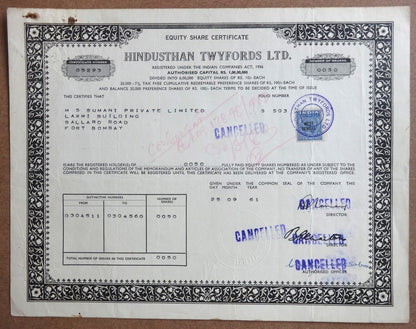 India 1961 HINDUSTAN TWYFORDS LTD. share cerificate