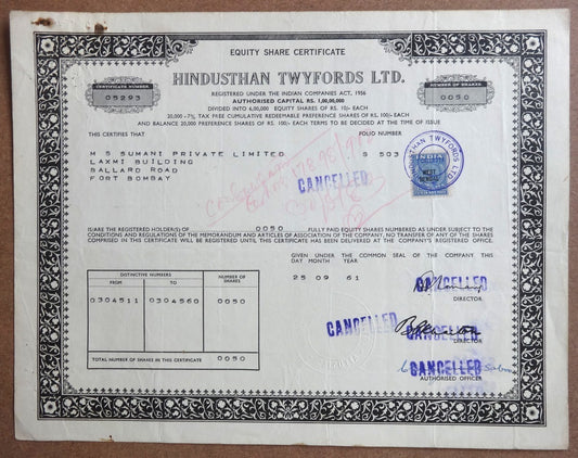 India 1961 HINDUSTAN TWYFORDS LTD. share cerificate