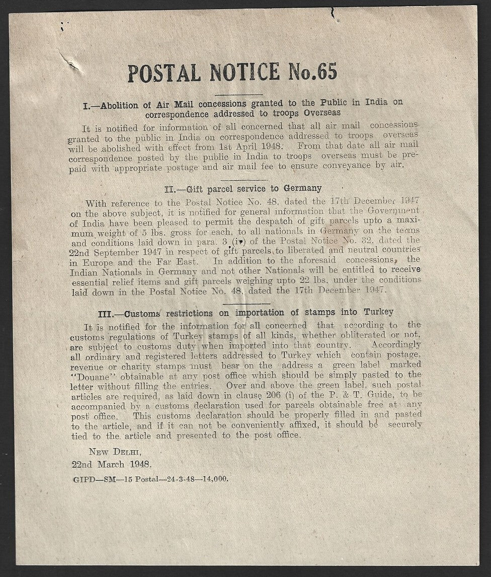 India POSTAL NOTICE 22 Mar 1948 Abolition AirMail concessions to troops Overseas
