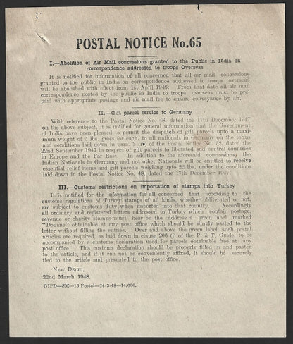 India POSTAL NOTICE 22 Mar 1948 Abolition AirMail concessions to troops Overseas