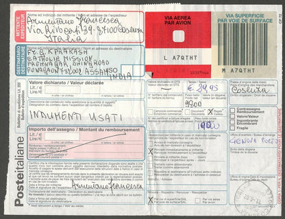 AOP Italy parcel card to India with 1977-87 4000 Lire x 14 & meter postage