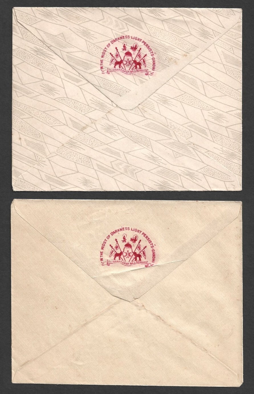 India Benares State crested envelopes with a saying by M. Gandhi (5 diff papers)