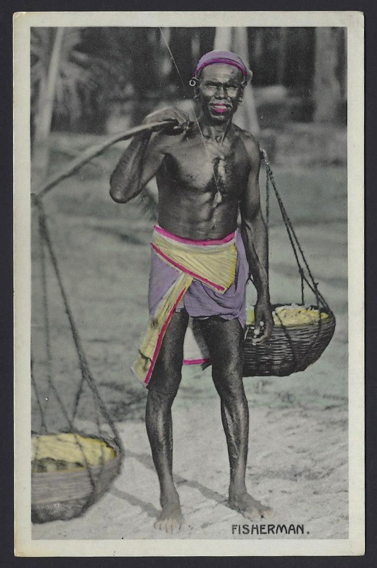 India FISHERMAAN vintage real photo hand coloured postcard
