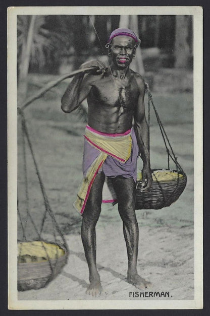 India FISHERMAAN vintage real photo hand coloured postcard