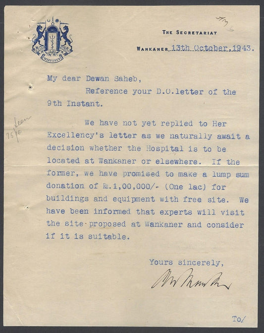 AOP India Wankaner State crested letter re: Tuberculosis Fund 1943