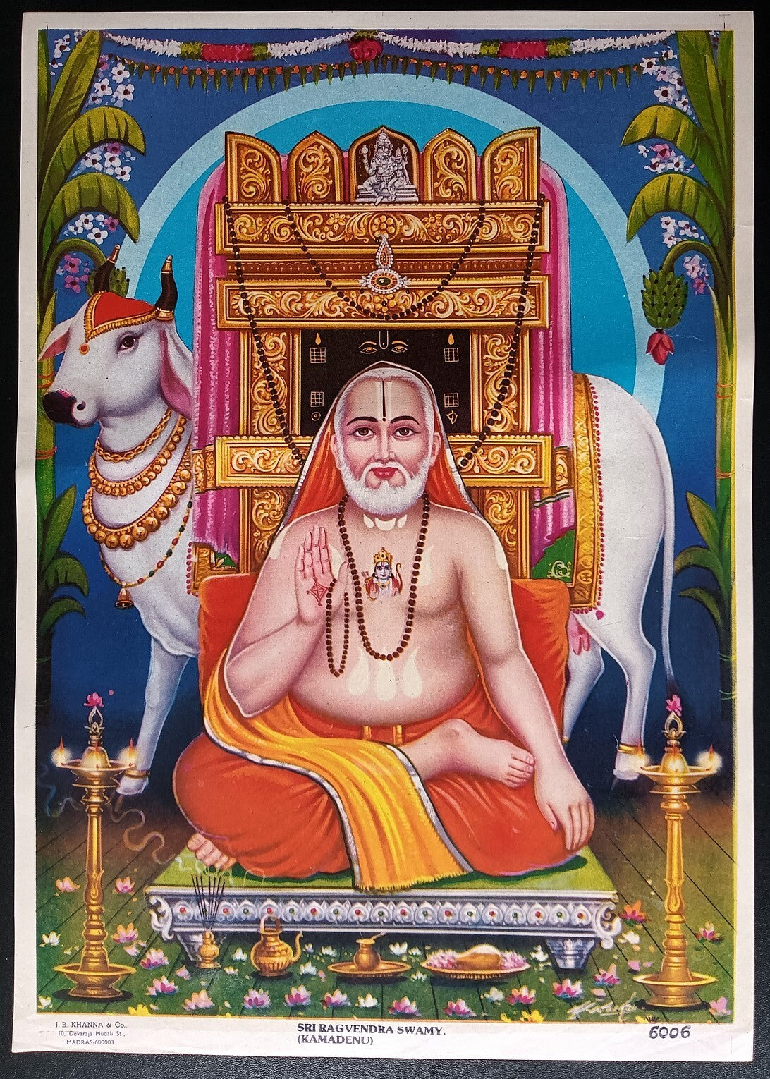 India vintage poster SRI RAGVENDRA SWAMY (KAMADENU) by J.B. Khanna 9.5"x13.5" in