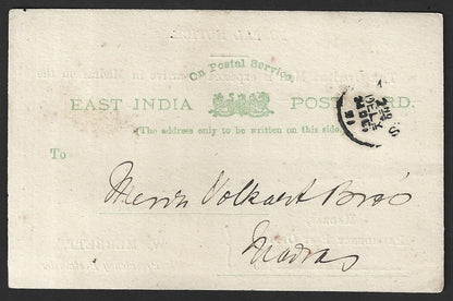 East India green ON POSTAL SERVICE postcard wi Overland Mail Postal Notice 1891