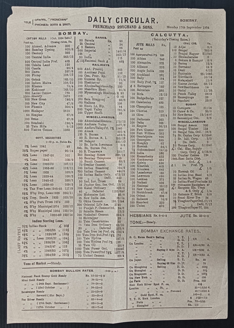 India 1934 Premchand Roychand's Daily Circular wi Bullion Stocks Currency prices