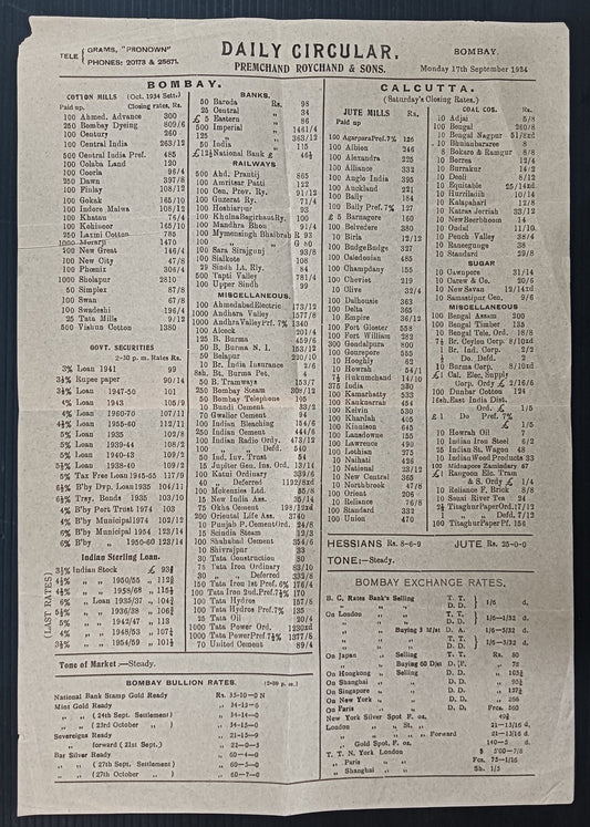 India 1934 Premchand Roychand's Daily Circular wi Bullion Stocks Currency prices