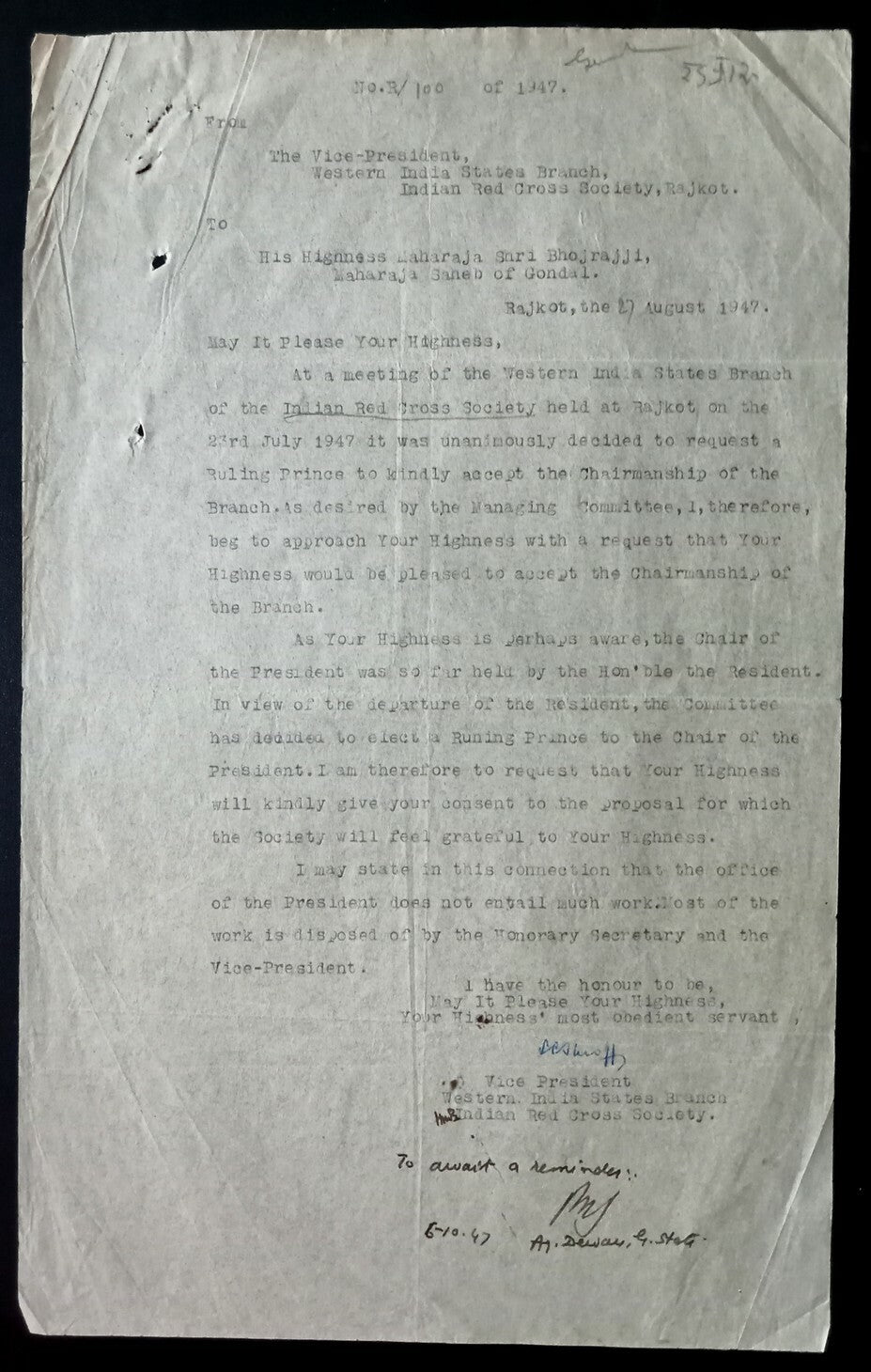 AOP India 1947 Red Cross Association of the Western India letterhead & corrresp