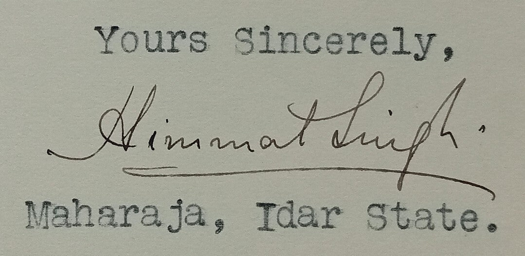 IDAR STATE India 1941 crested letter signed Maharaja Himmat Singh