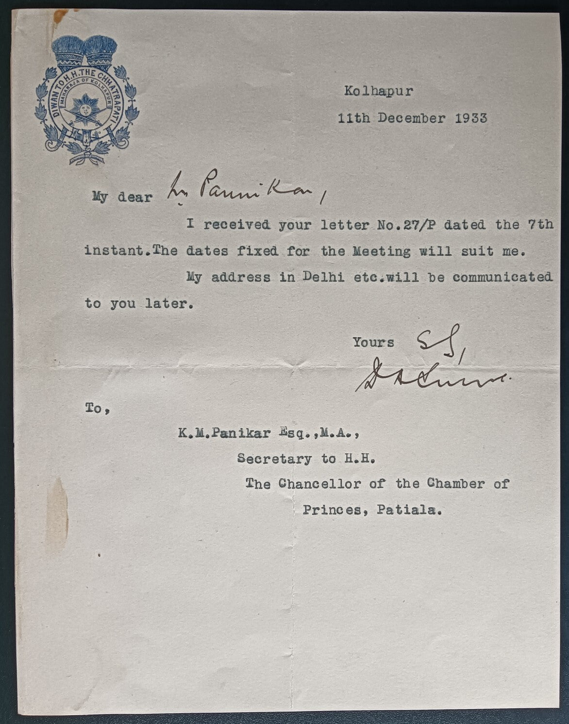India 1933 crested letter DIWAN TO CHHATRAPATI MAHARAJA OF KOLHAPUR signed