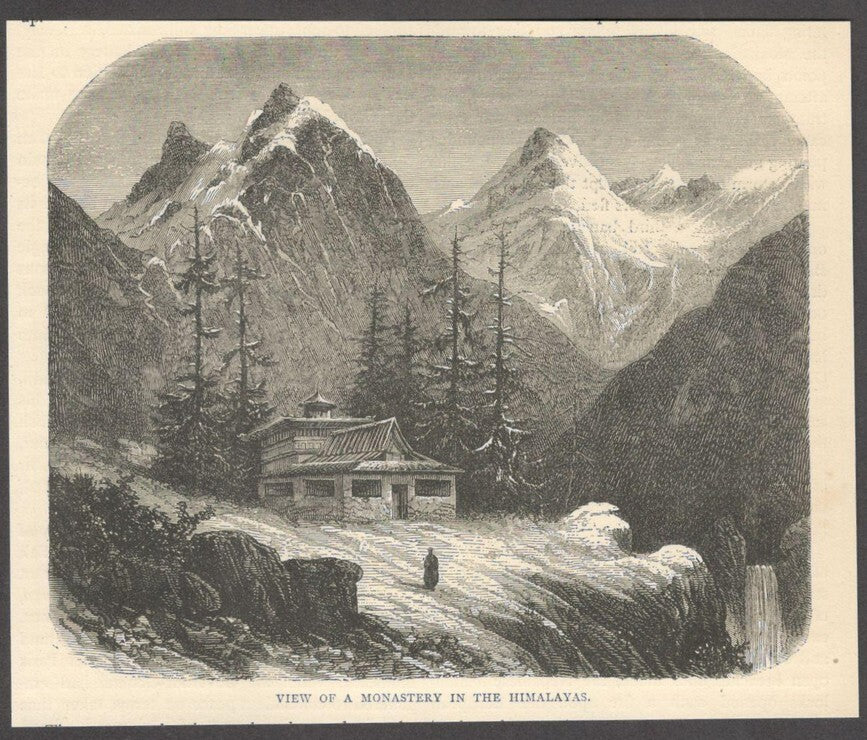 India VIEW OF A MONASTERY IN THE HIMALAYAS engraved print - Rousslet 1876 6"x5"
