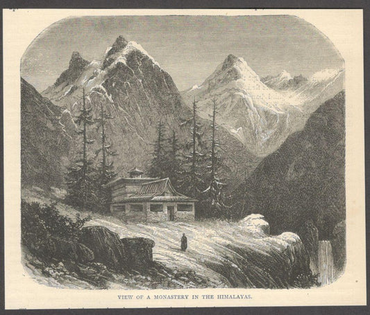 India VIEW OF A MONASTERY IN THE HIMALAYAS engraved print - Rousslet 1876 6"x5"