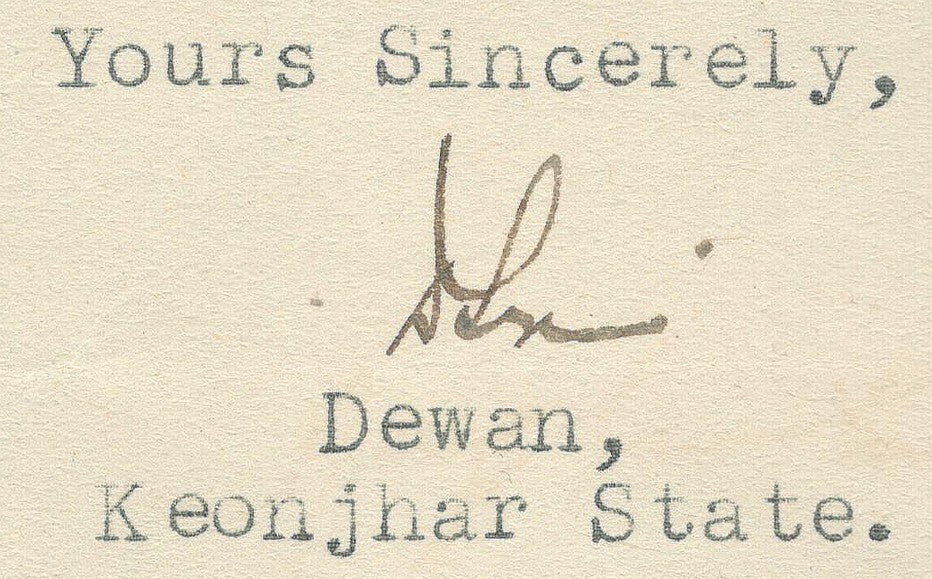 India 1946 crested letter DEWAN KEONJHAR STATE signed