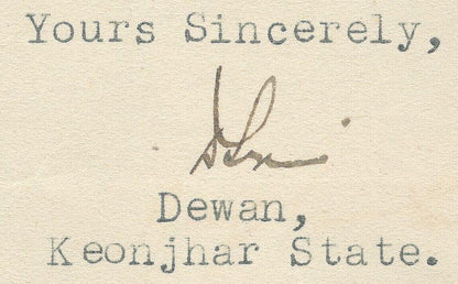 India 1946 crested letter DEWAN KEONJHAR STATE signed