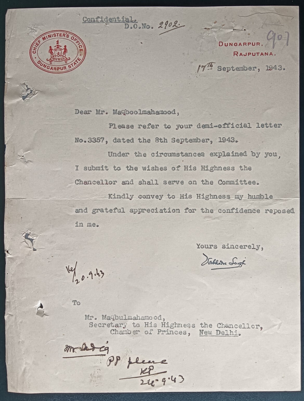 India 1943 crested letter CHIEF MINISTER'S OFFICE / DUNGARPUR STATE signed