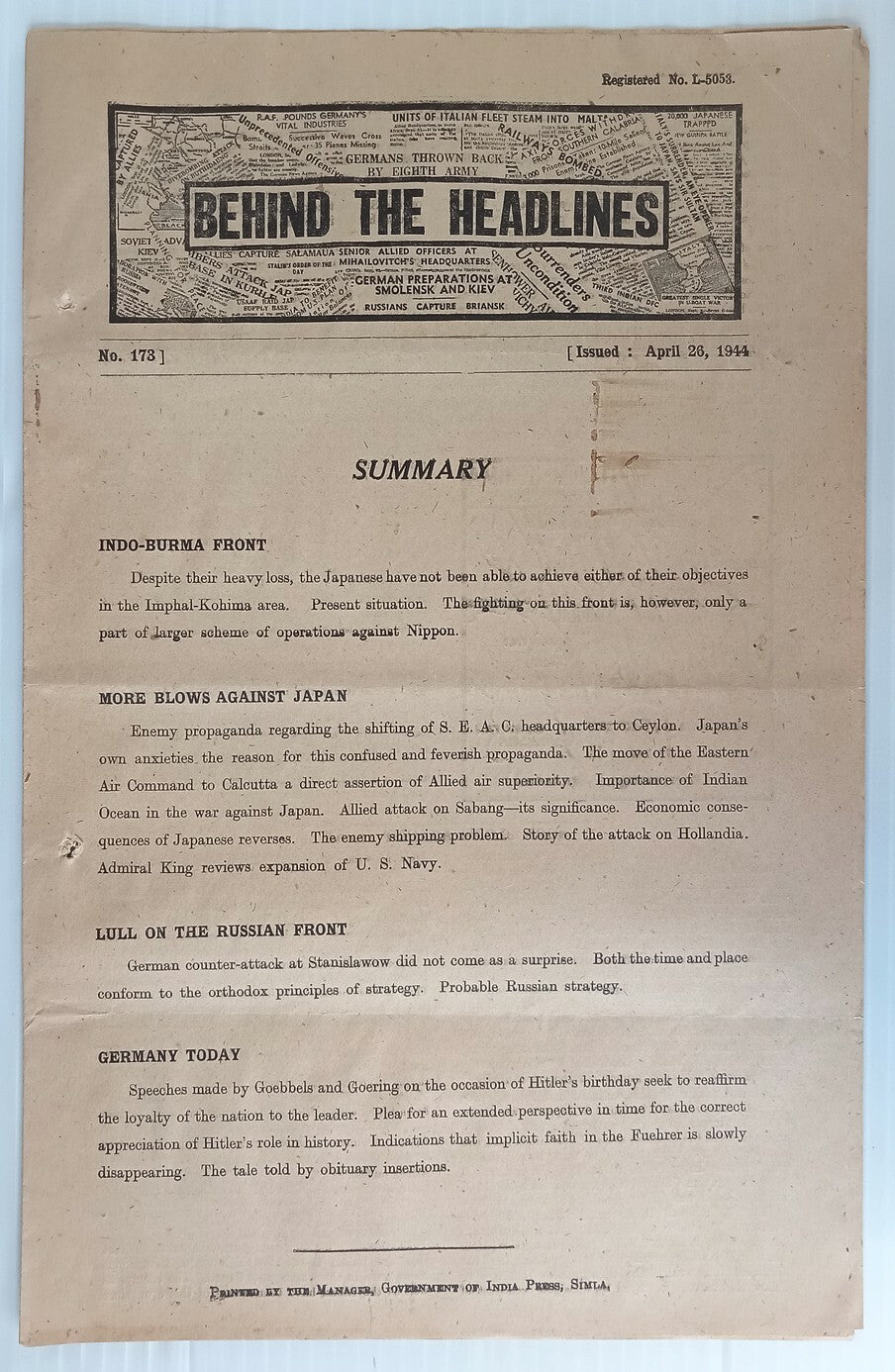 India 1944 WW2 Propaganda rag BEHIND THE HEADLINES MORE BLOWS AGAINST JAPAN 8pgs