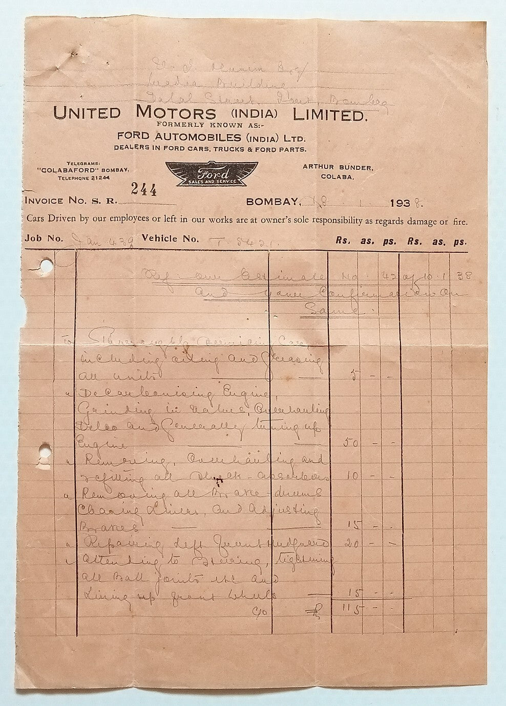 AOP India FORD CARS 1938 UNITED MOTORS (INDIA) LTD., BOMBAY invoice