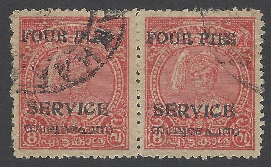 India Travancore Cochin Off 4p p.12.5 pair, one with S of PIES inverted used SG