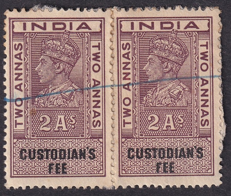 India revenue stamp - King George VI Custodian Fee 2a pair
