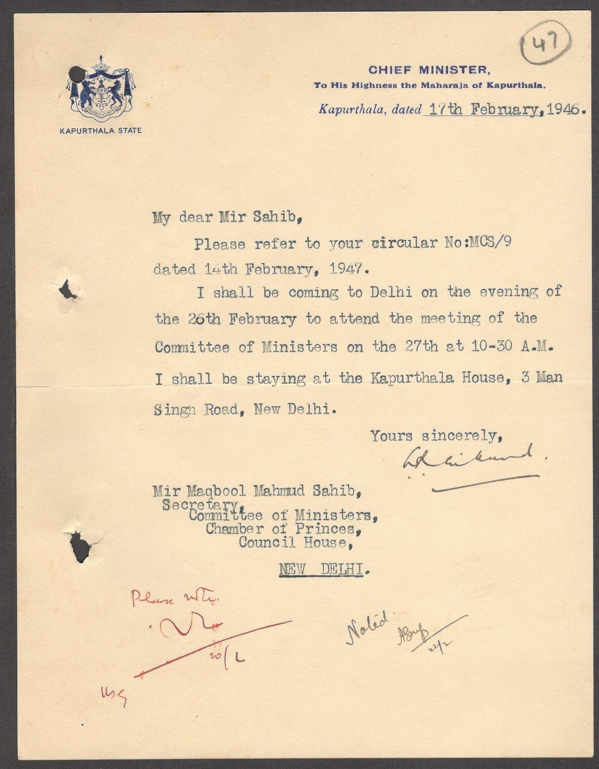 India 1946 crested letter KAPURTHALA STATE CHIEF MINISTER signed
