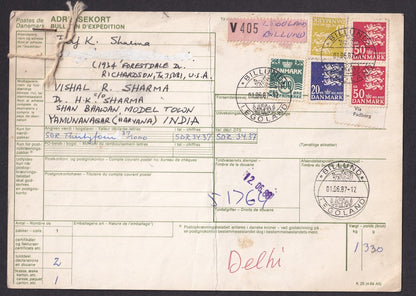 Denmark #720A (1946 50Kr) x 2, etc. on parcel card to India