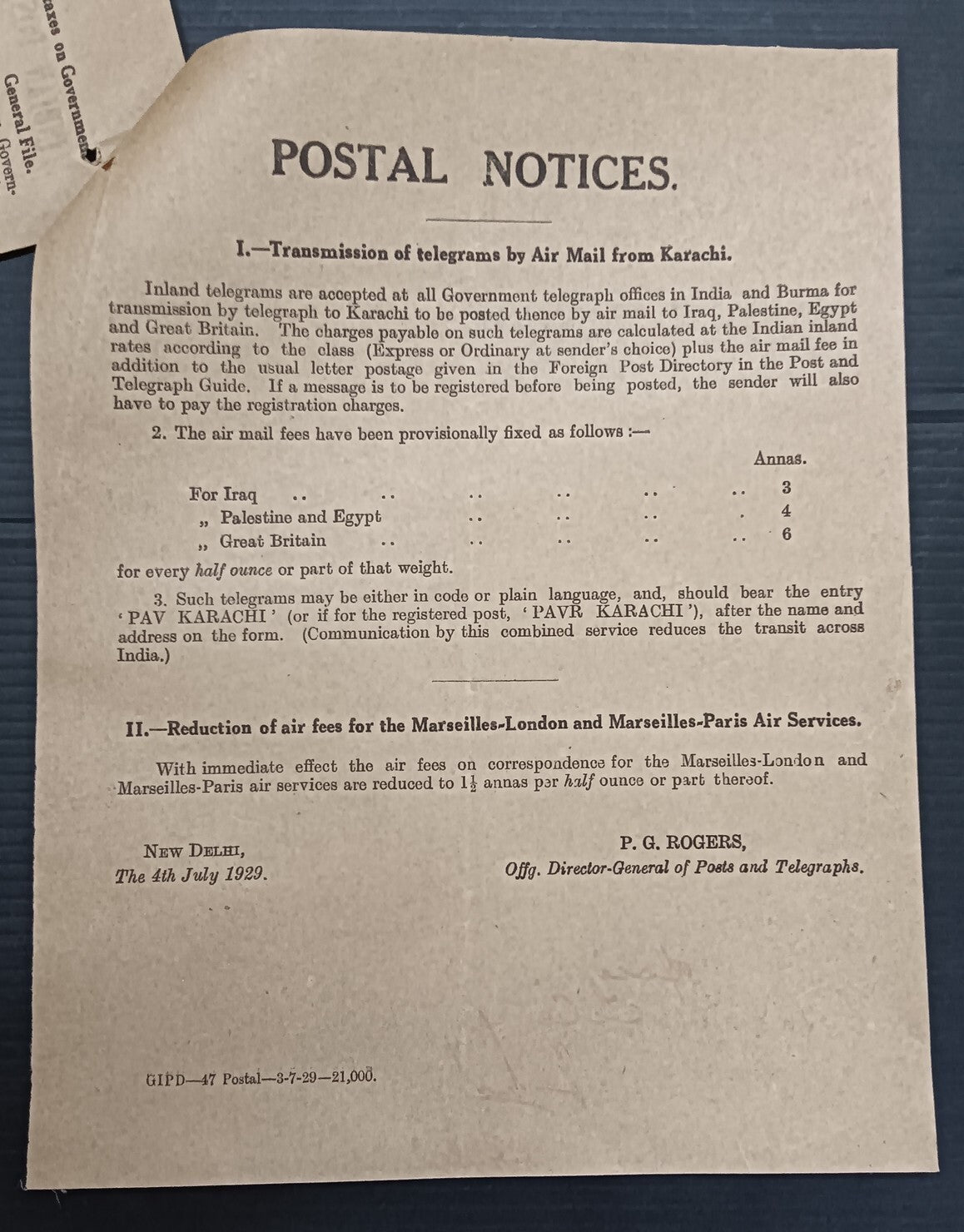 India 1929 DG'S POSTAL CIRCULAR Telegrams by air mail from Karachi, etc.