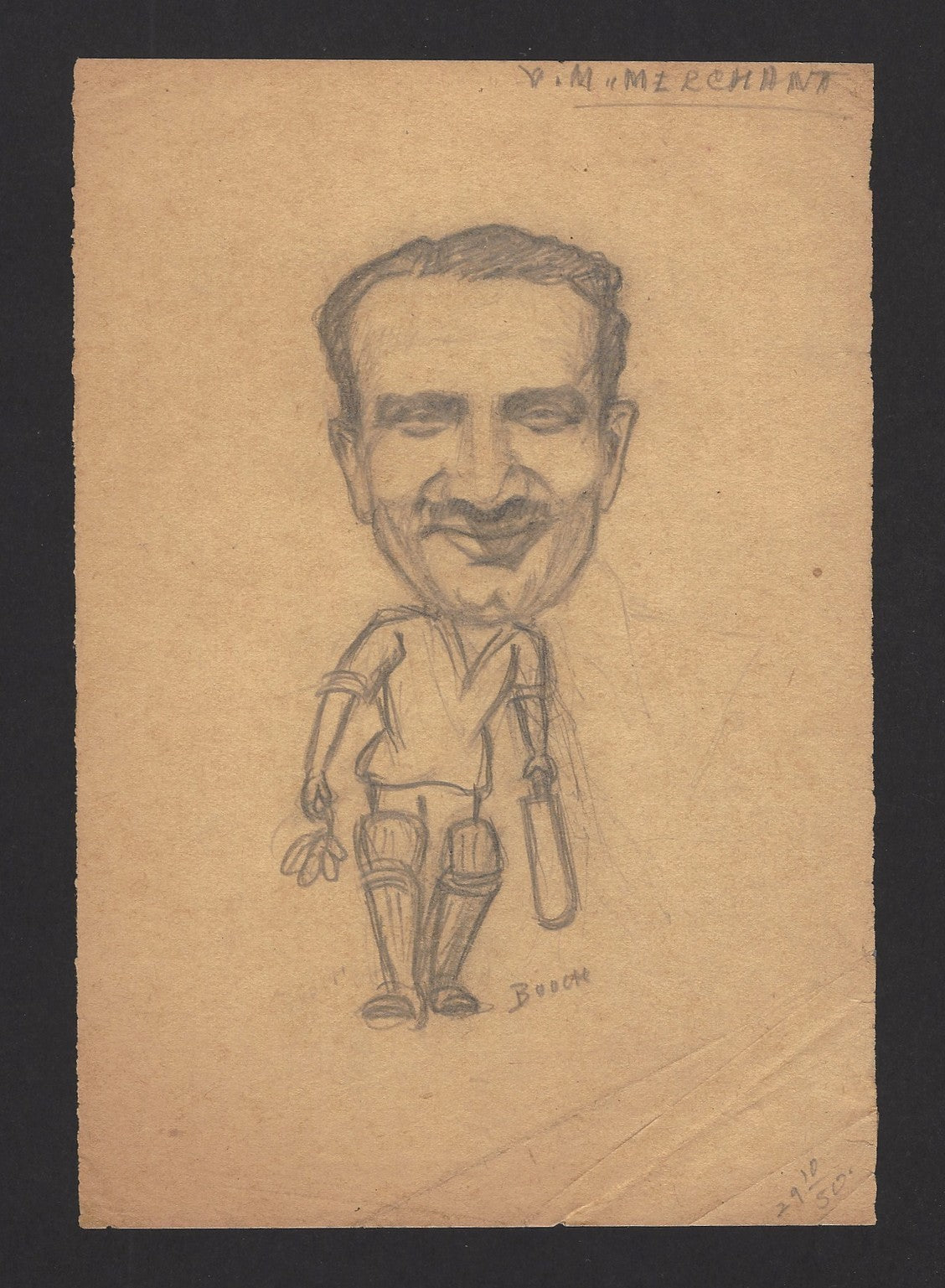 Cricket India 1950 Vijay Merchant pencil sketch by cartoonist R Booch Ӝ