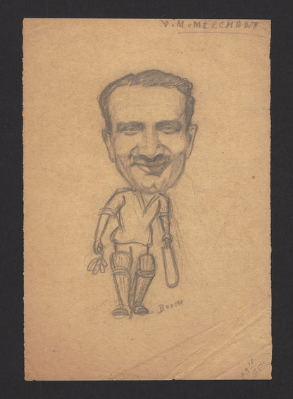 Cricket India 1950 Vijay Merchant pencil sketch by cartoonist R Booch Ӝ